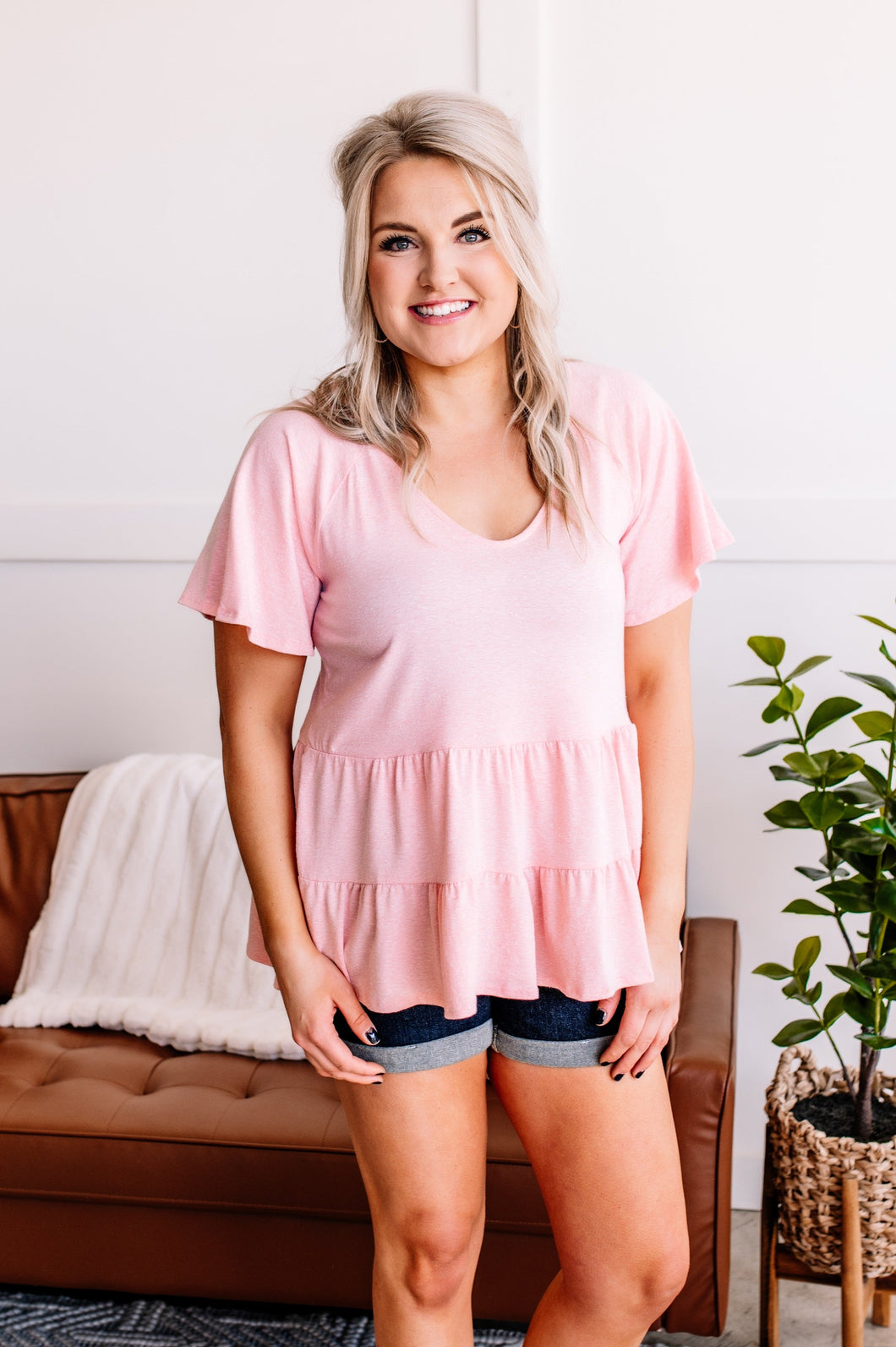 Pinkin Of You Tiered Babydoll Top in Heathered Pink