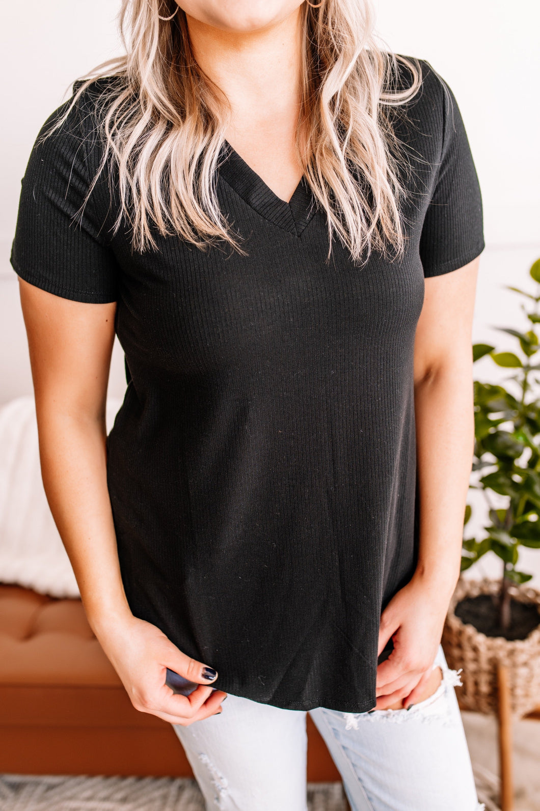 Waiting On You Ribbed V Neck Top In Black