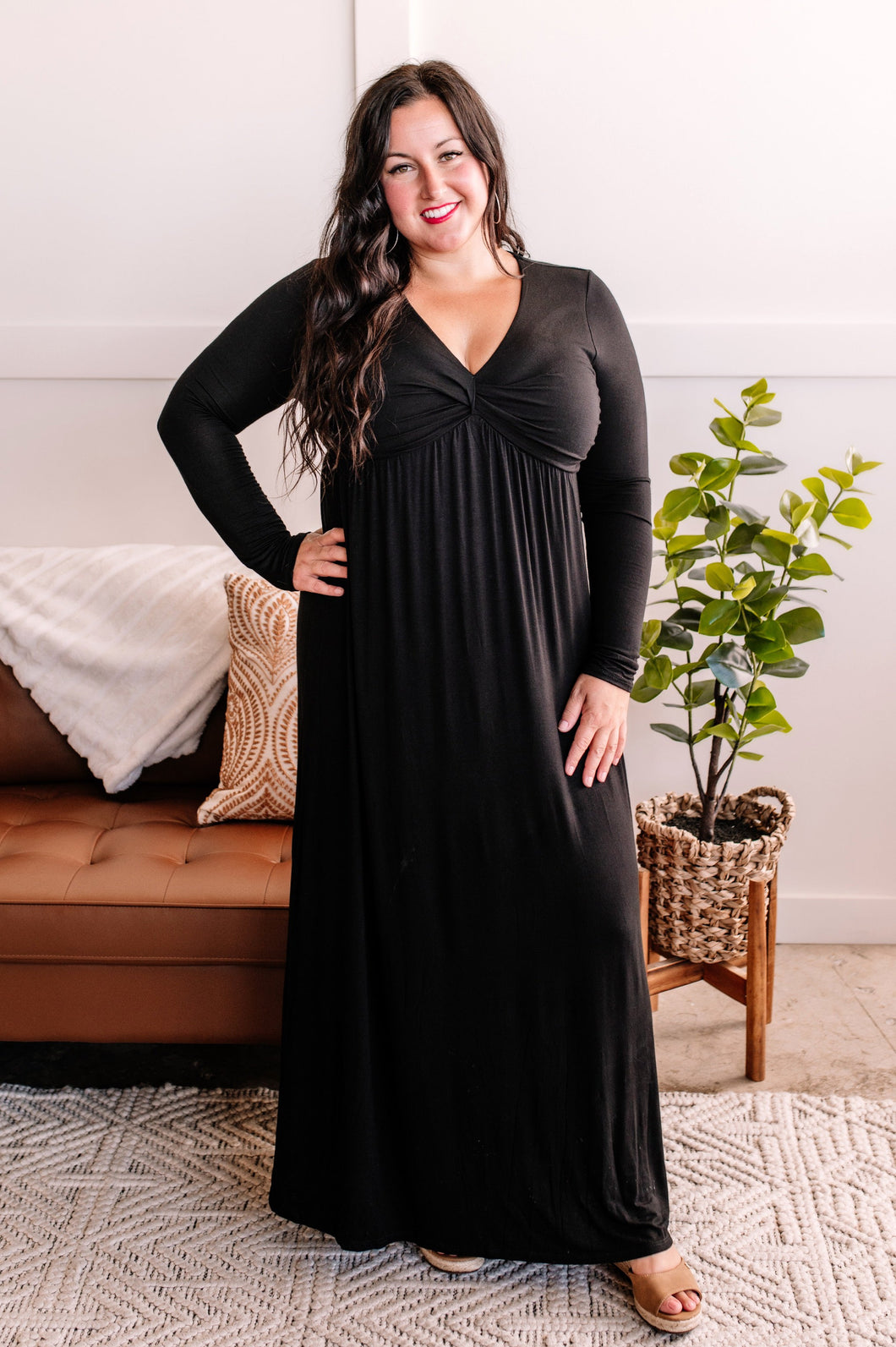 Cover Girl Twisted Front Long Sleeve Maxi Dress in Soft Black By White Birch